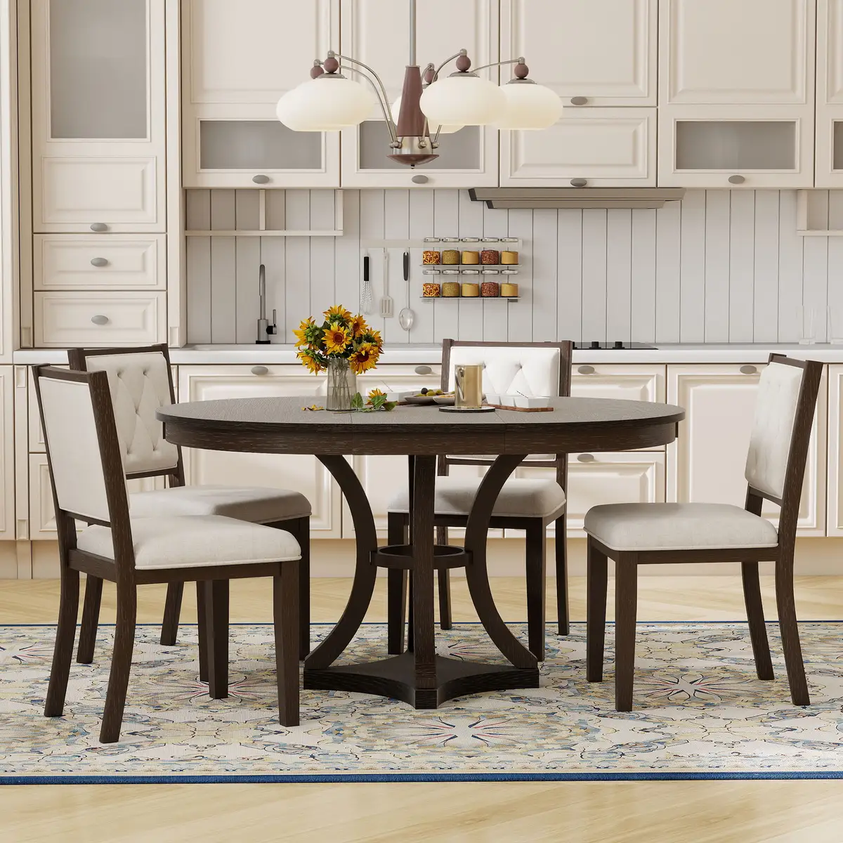 5-Piece Retro Functional Dining Table Set Extendable