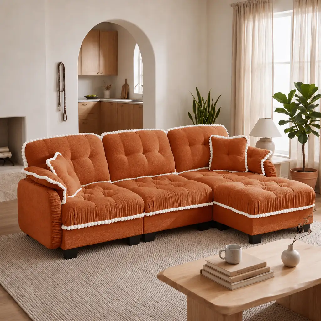 Chenille Cloud L-Shaped Sofa with 4 Pillows, Movable Ottoman Pom-Pom Trim