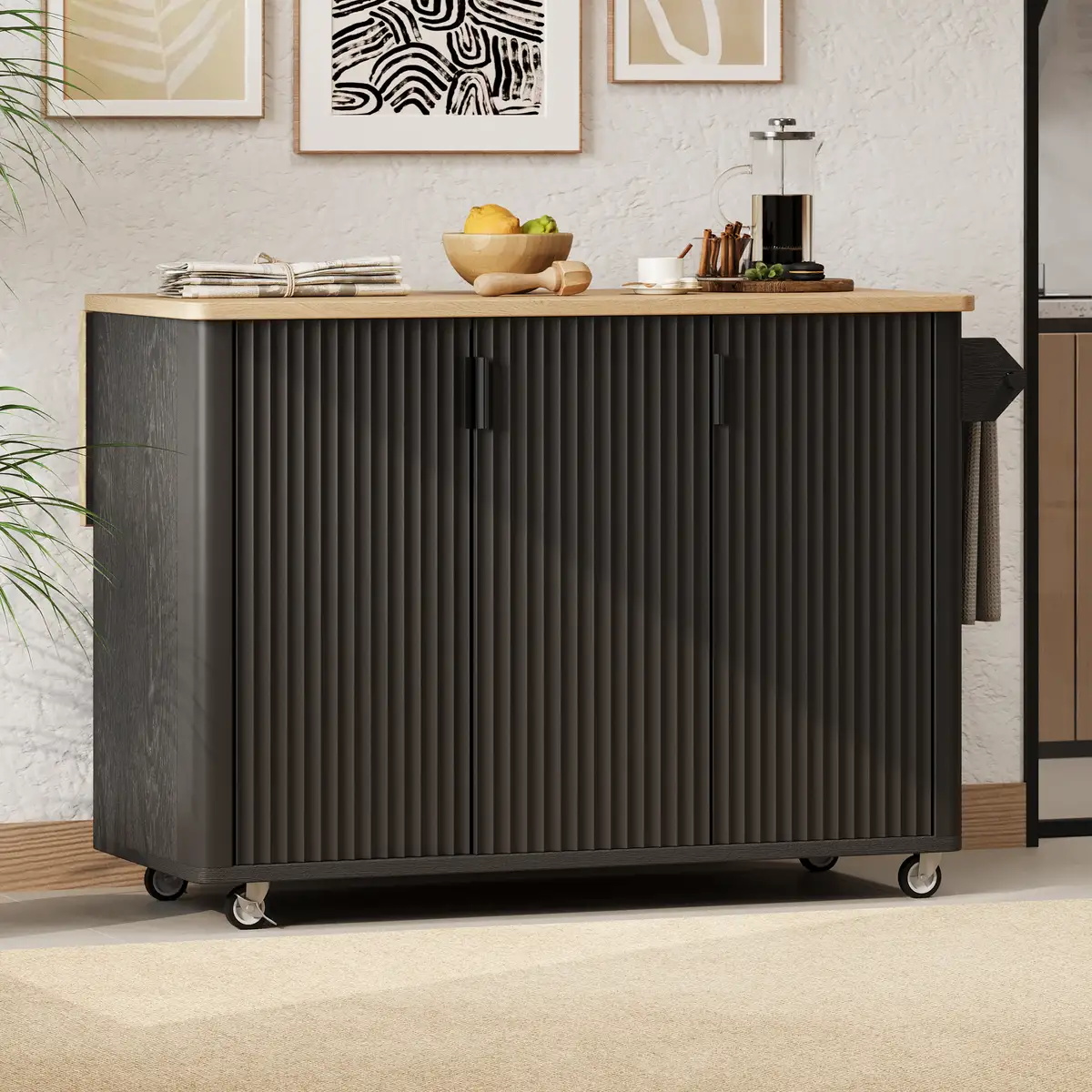 51" Fluted Kitchen Island with Drop Leaf, Farmhouse Accent Kitchen Island