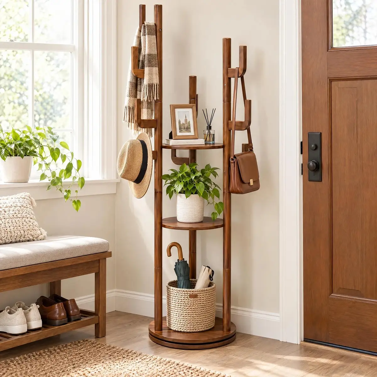 Coat Rack Freestanding, Solid Wood Rotary Coat Rack with 3 Storage Shelves & 9
