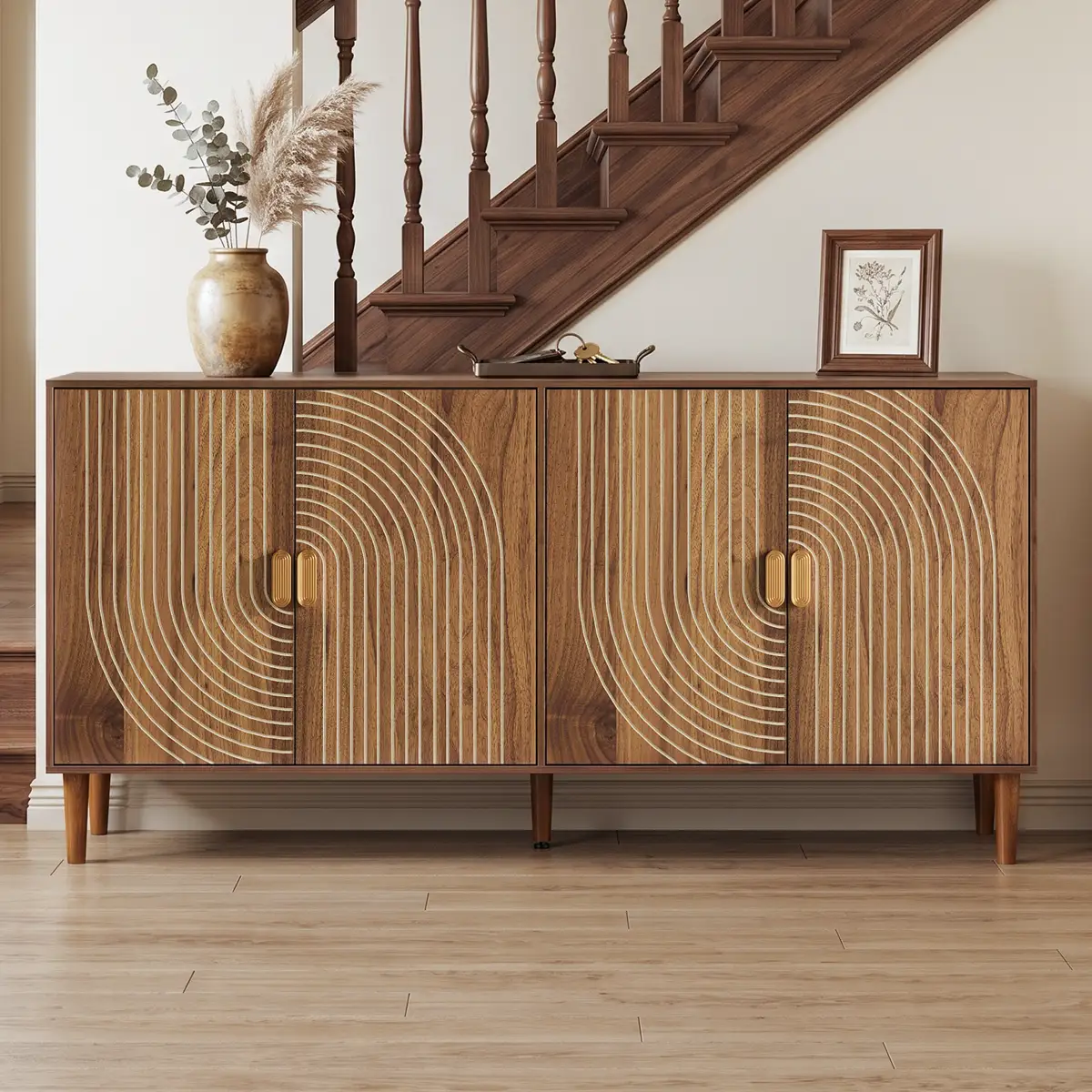 62.6-Inch Walnut Sideboard with Storage, 4-Door Credenza Featuring Vertical