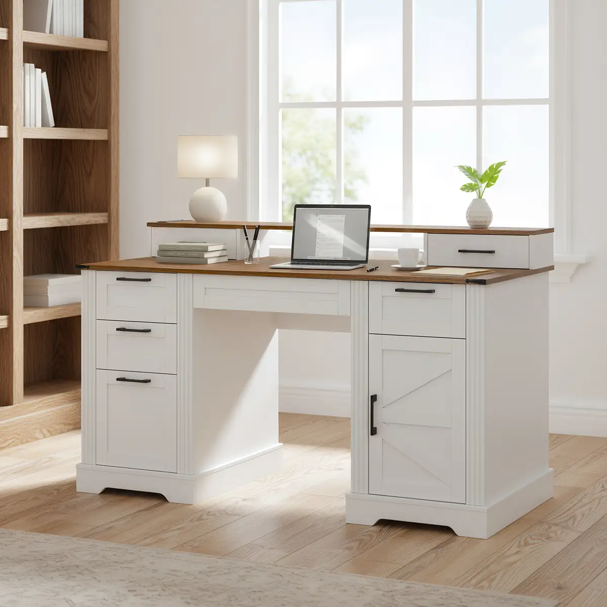 59" Farmhouse Office Desk With Charging Station & Storage Cabinet, Barn Door