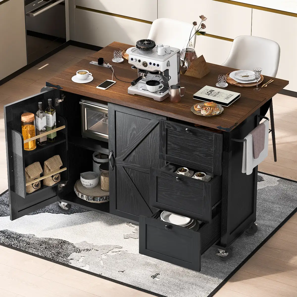 54.5" Farmhouse Kitchen Island with Power Outlet, Kitchen Storage Island