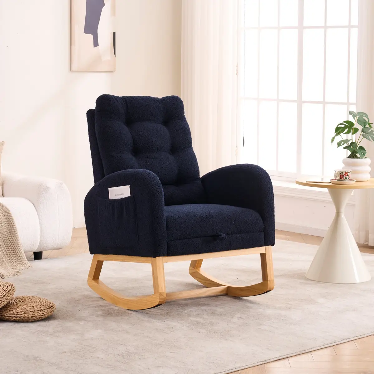 LY-5104 Accent Rocking Chair with Footrest & Storage Pocket, Deep Navy Blue