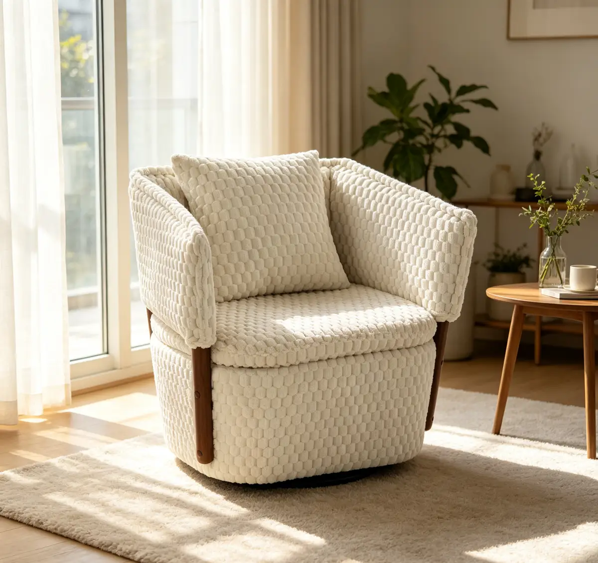 Mid Century Modern Accent Chair with Solid Wood Frame, Upholstered, Swivel