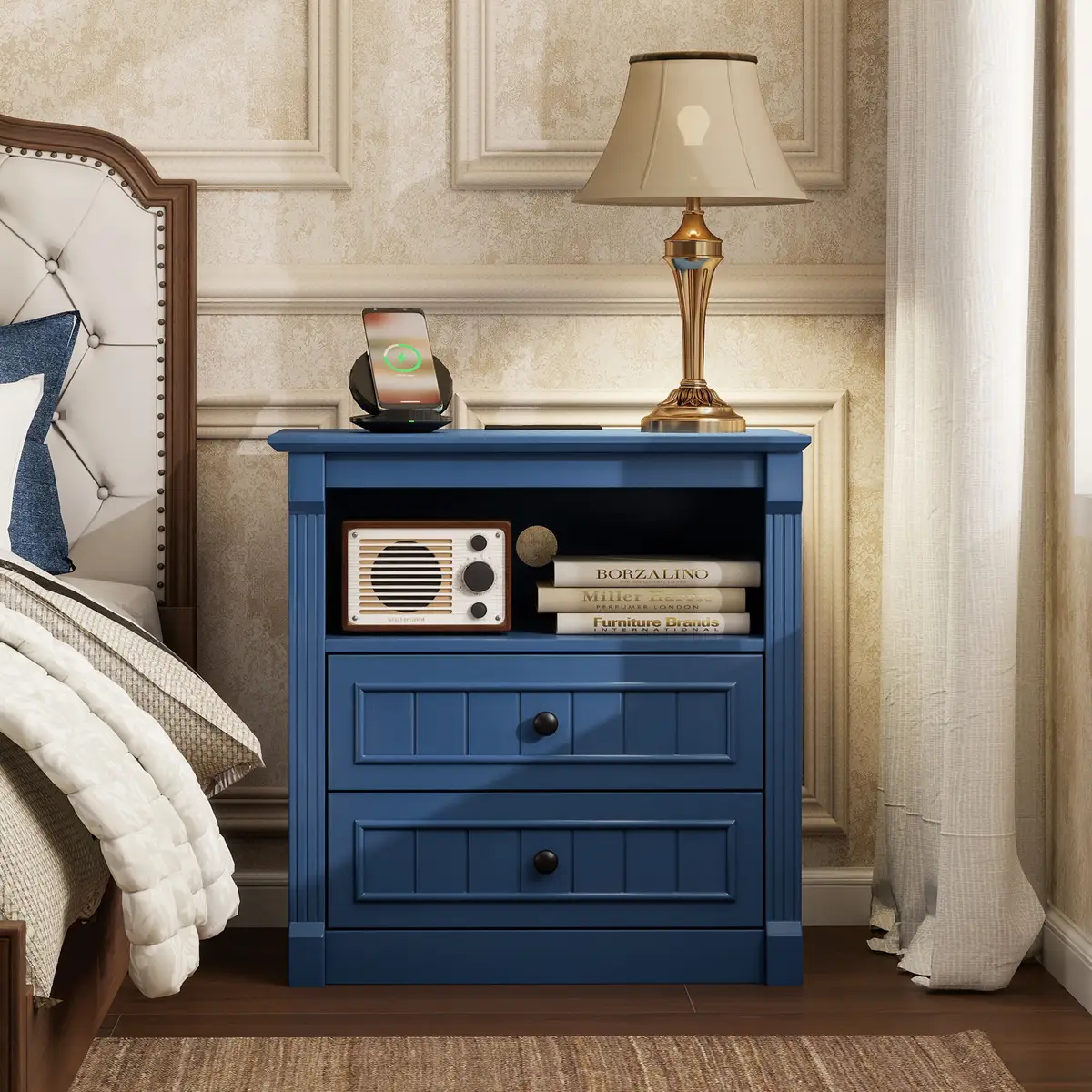 Dusty Blue Nightstand with Charging Station, 2-Drawer Retro American Bedside