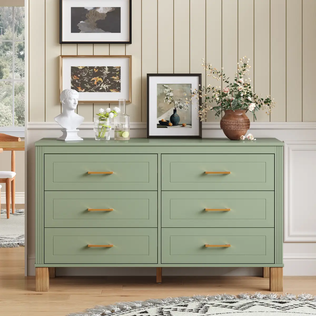 6-Drawer Double Dresser in Sage Green, Modern Storage Cabinet with Metal