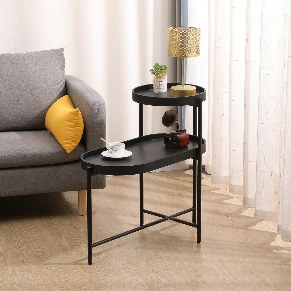 2-Tier Black Side Table with Storage Sofa Table for Living Room Metal Frame