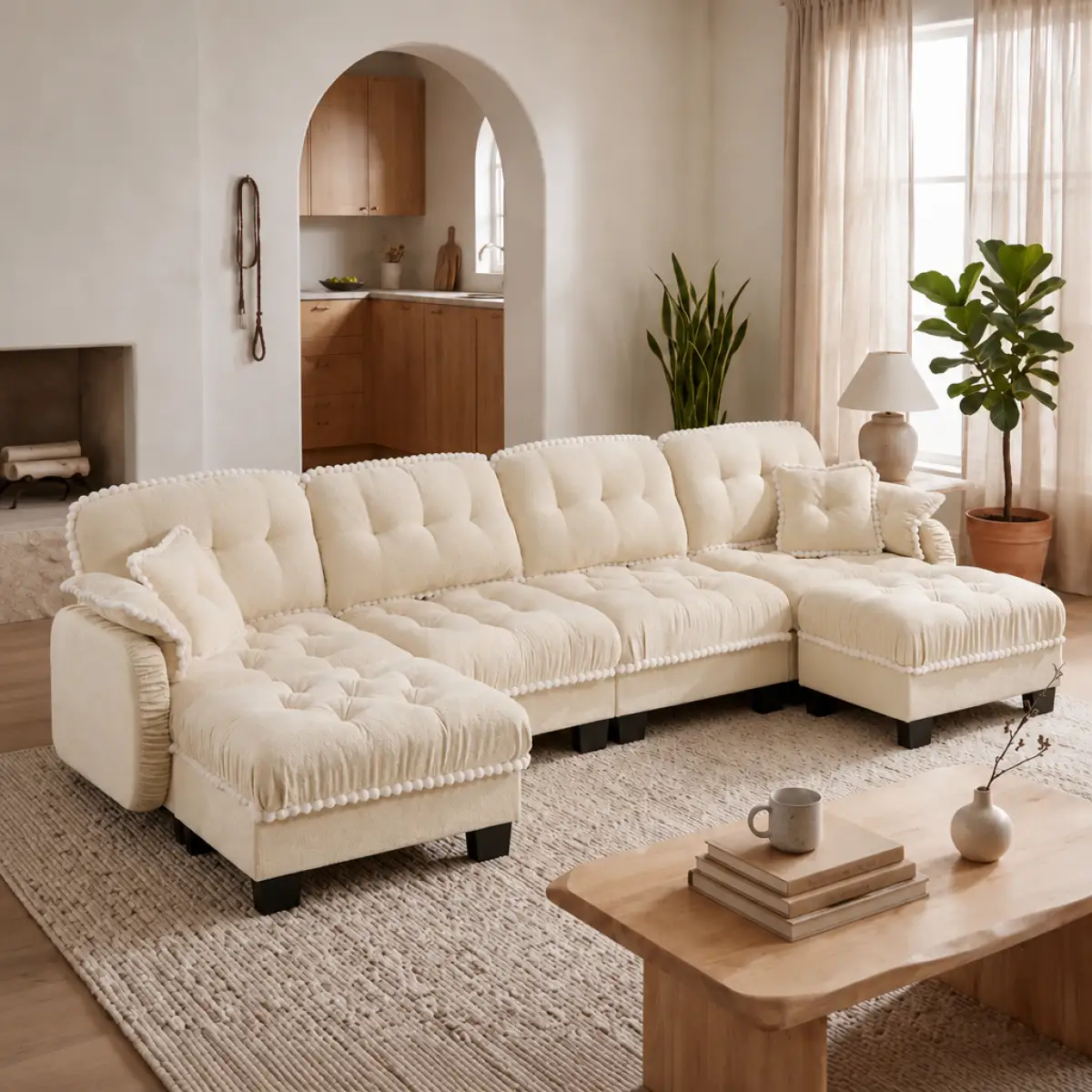 Chenille Cloud U-Shaped Sofa with 4 Pillows, Movable Ottoman Pom-Pom Trim