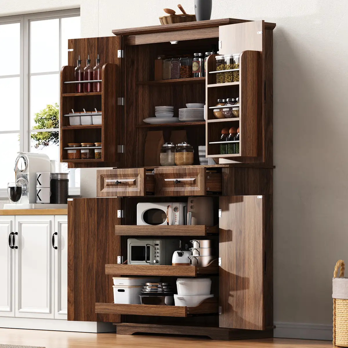 71" Tall Kitchen Pantry Cabinet with 3 Pull Out Cabinet Organizers, Farmhouse