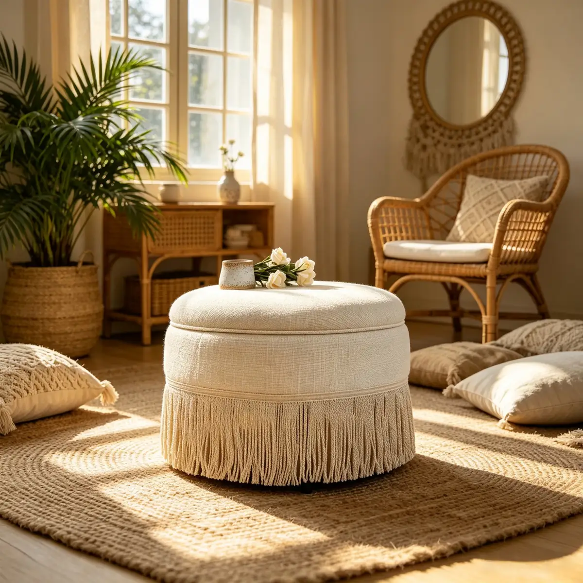 Round Storage Ottoman Bench(Beige), 23.23 Inch Upholstered Footstool