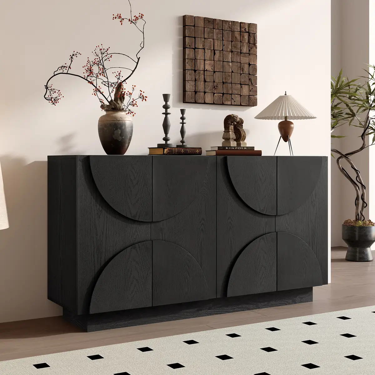 4-Door Large Storage Sideboard, Wood Sideboard Cabinet with Semi-Circular