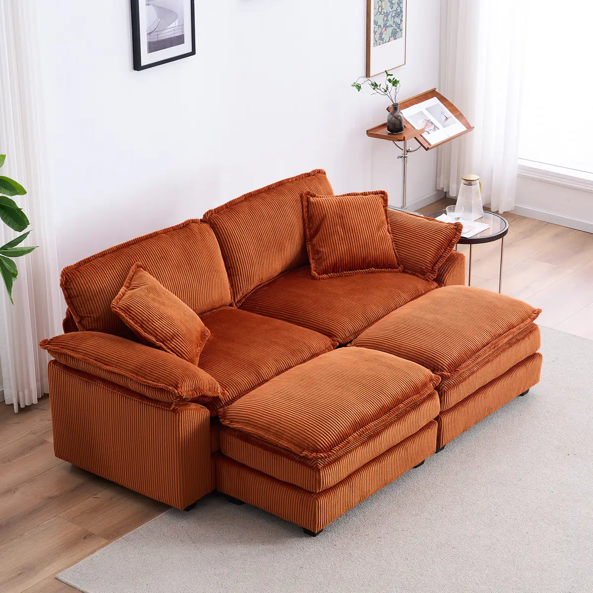 84.6" Corduroy Loveseat with Ottoman, Oversized Double Chaise Lounge Chair