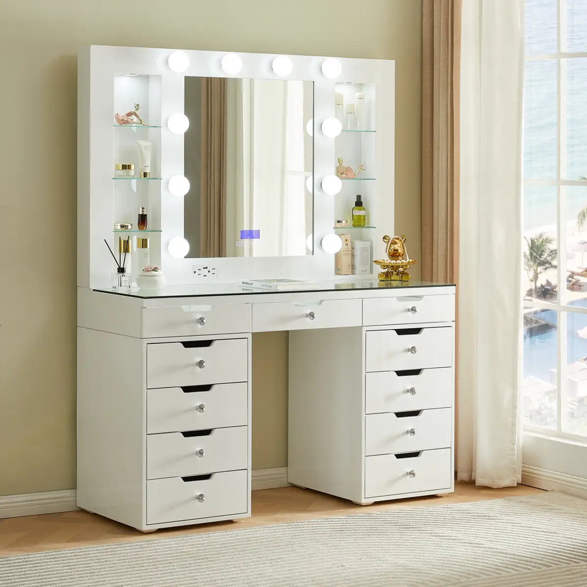 Hollywood LED Lighted Makeup Vanity Desk with 10 Bulbs Mirror, 11 Drawers White