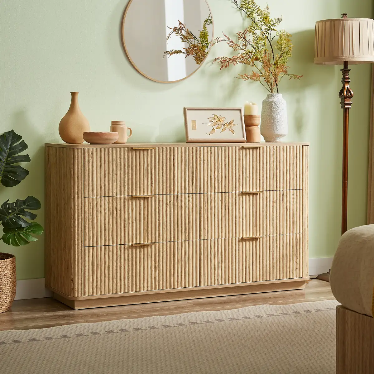 6 Drawers Dresser, 55" Wide Modern Chest of Drawers Curved wave Design, Dresser