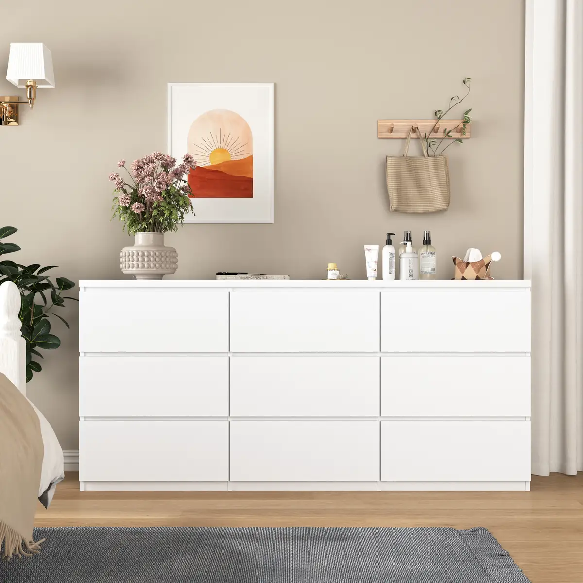 9 Drawer Dresser with No Handle Design, Modern White