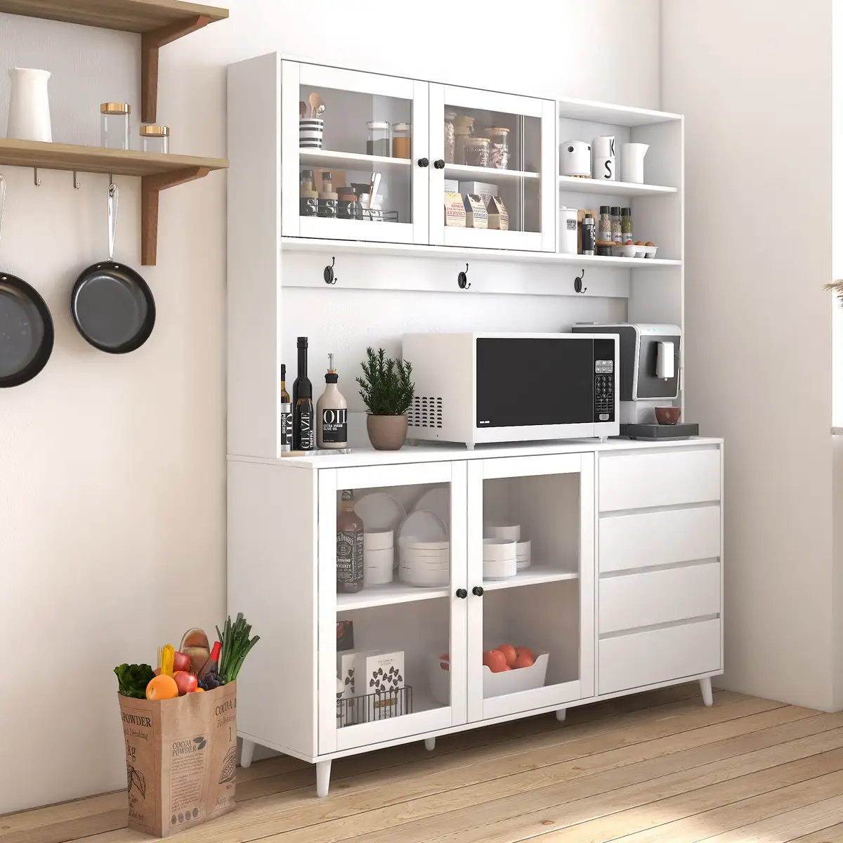 63" W Large Kitchen Hutch Cabinet, Freestanding Pantry Cabinets Storage Kitchen