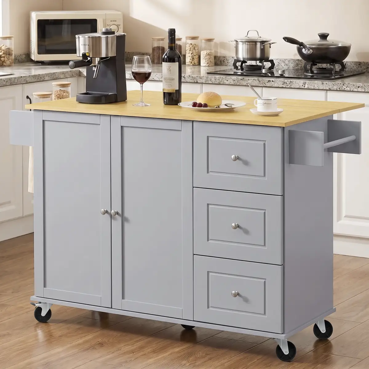52.7" Kitchen Island with Storage & Drop Leaf, Rolling Kitchen Island Cart