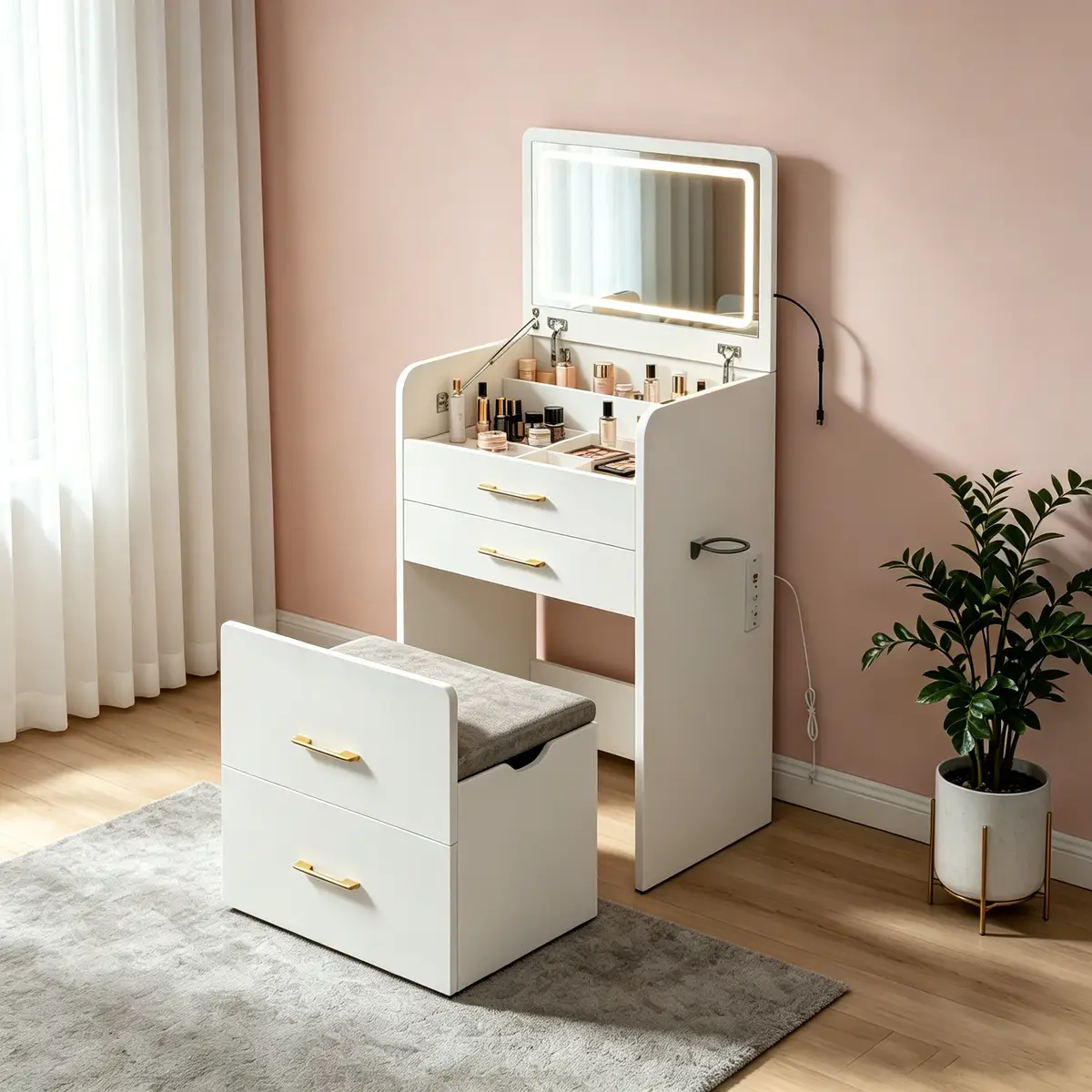 3-in-1 Vanity Desk with Power Outlet & LED Mirror