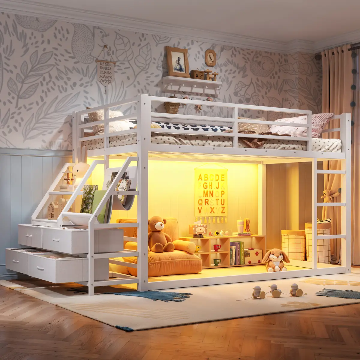 Twin over Twin bunk Bed with Storage Shelves and Drawers, Metal Bunk Bed