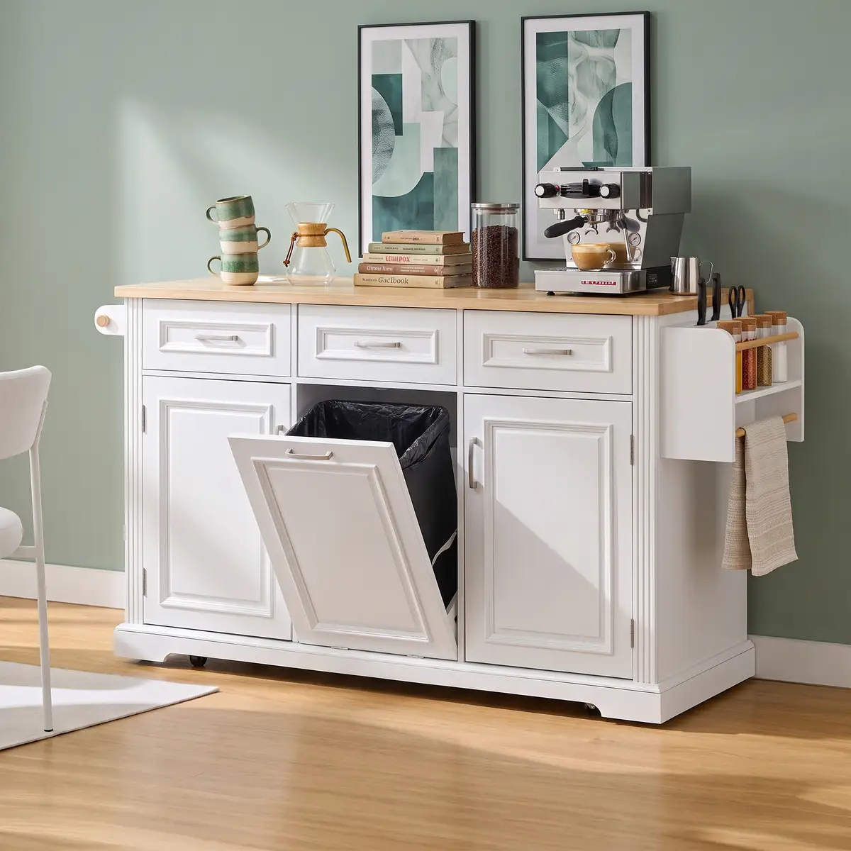 64.6" Large Kitchen Island with Trash Can Storage, Embossed Texture Rolling