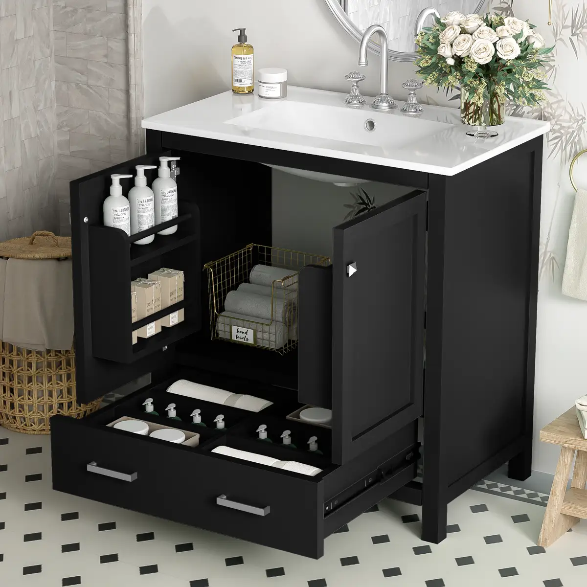 30" Black Bathroom Vanity with Single Sink, Combo
