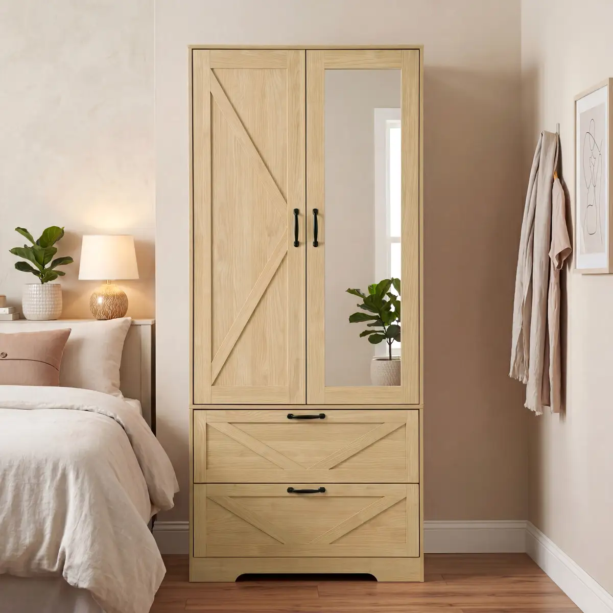 2 Door Wood Wardrobe for Bedroom with Hanging Clothing Rod inside the Cabinet