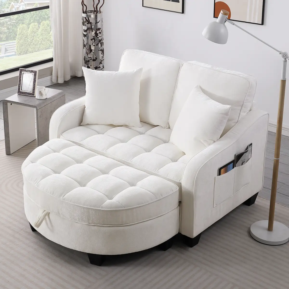 Two-seater sofa, double sofa chaise longue, with irregular armrests