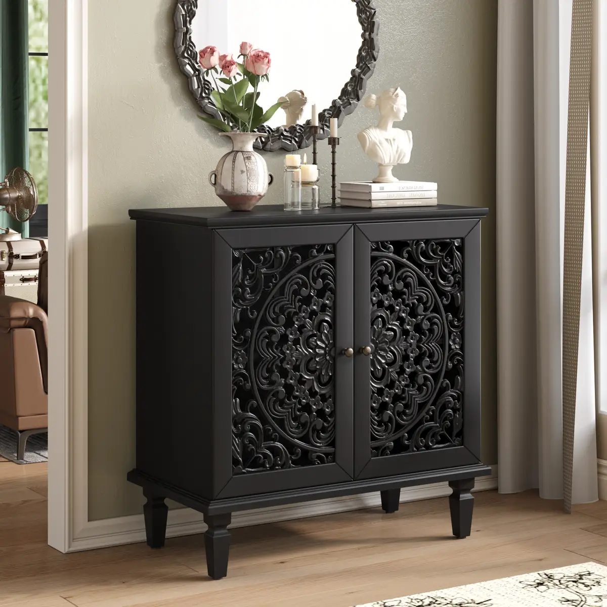 Vintage Hollow-Carved Accent Cabinet, 2-Door Display Storage Sideboard