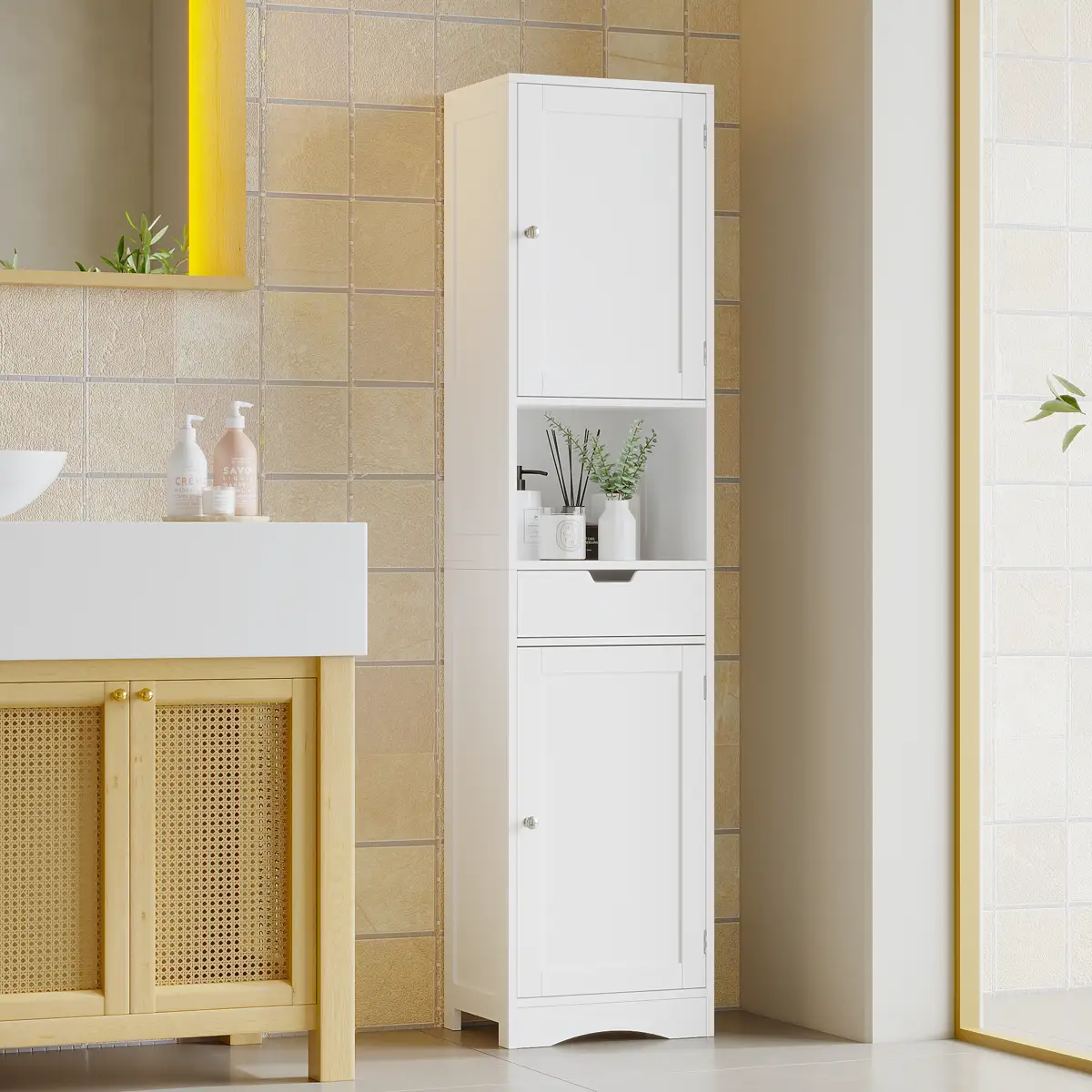 67" Tall Bathroom Cabinet, Storage Cabinet with 2 Doors & 1 Drawer, Narrow