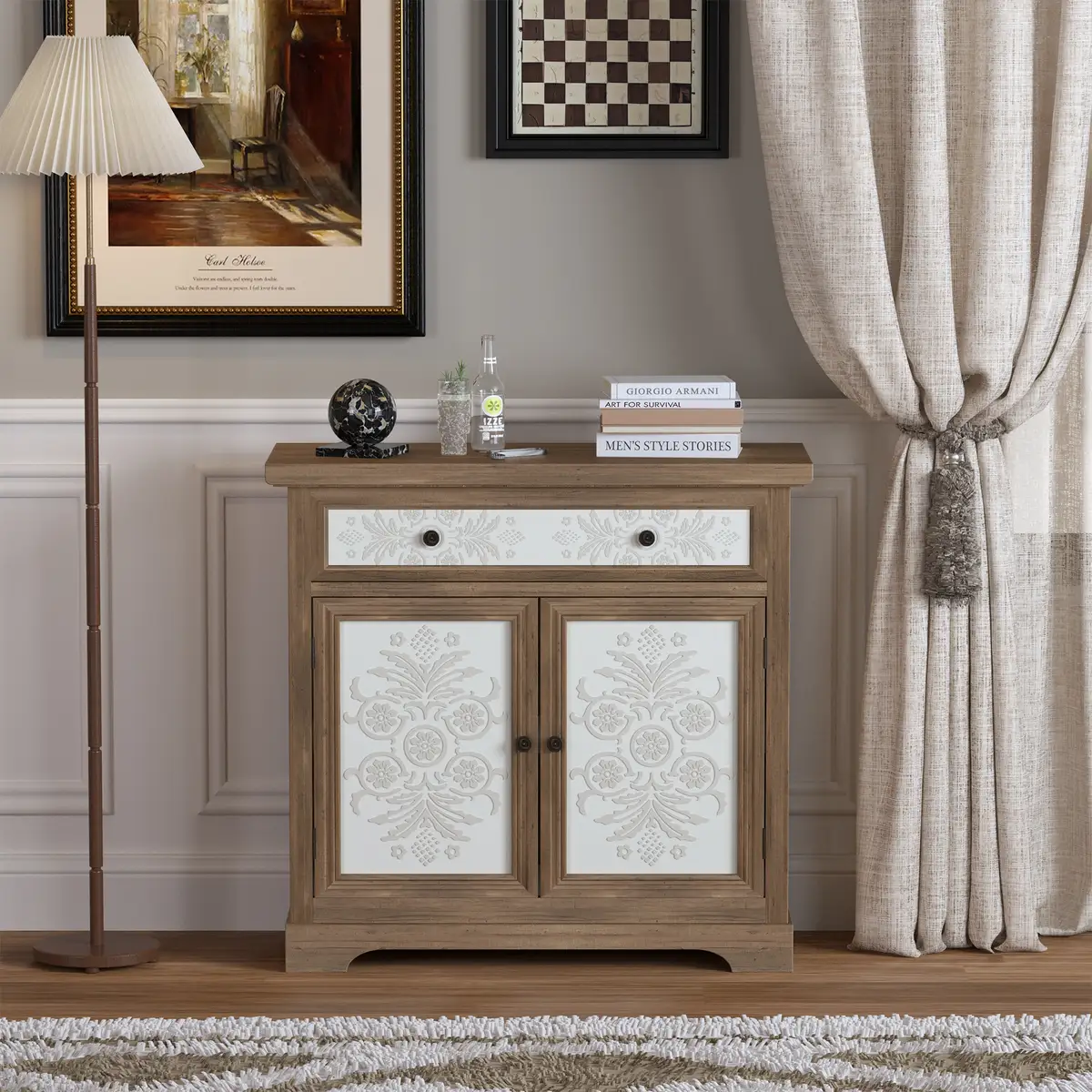 Rustic Vintage Accent Cabinet with Carved Floral Panels, Distressed Wood