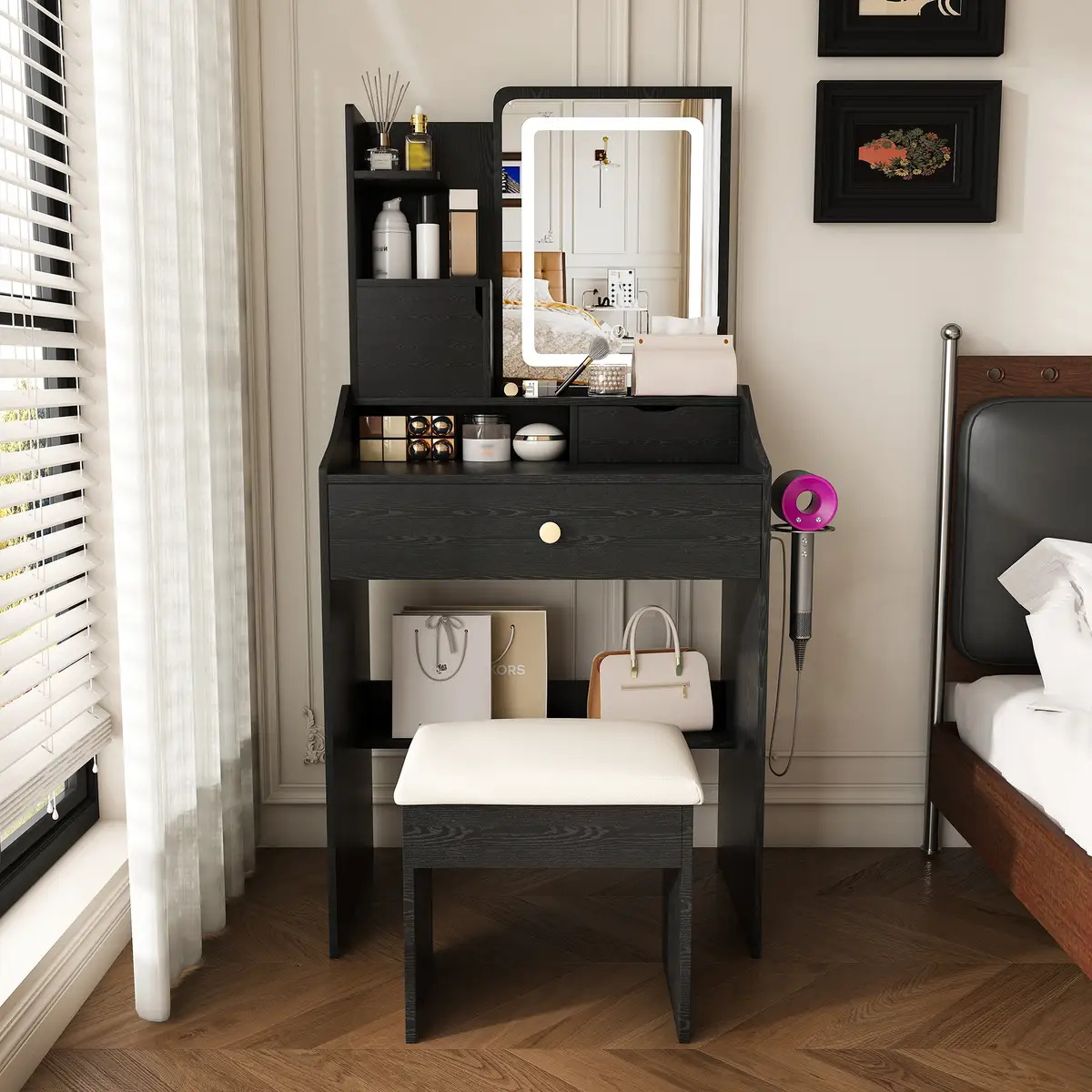 3-Color LED Vanity Mirror with Stool, MDF, Pink Dressing Table for Bedroom
