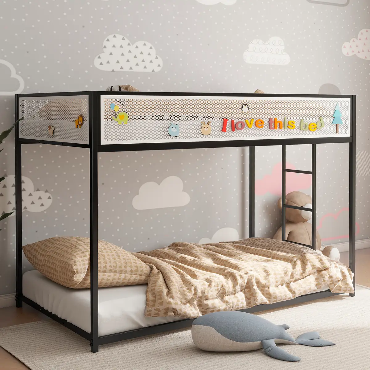 Adam Twin Over Twin Bunk Bed Metal Black with White Mesh Guard Rail for Kids