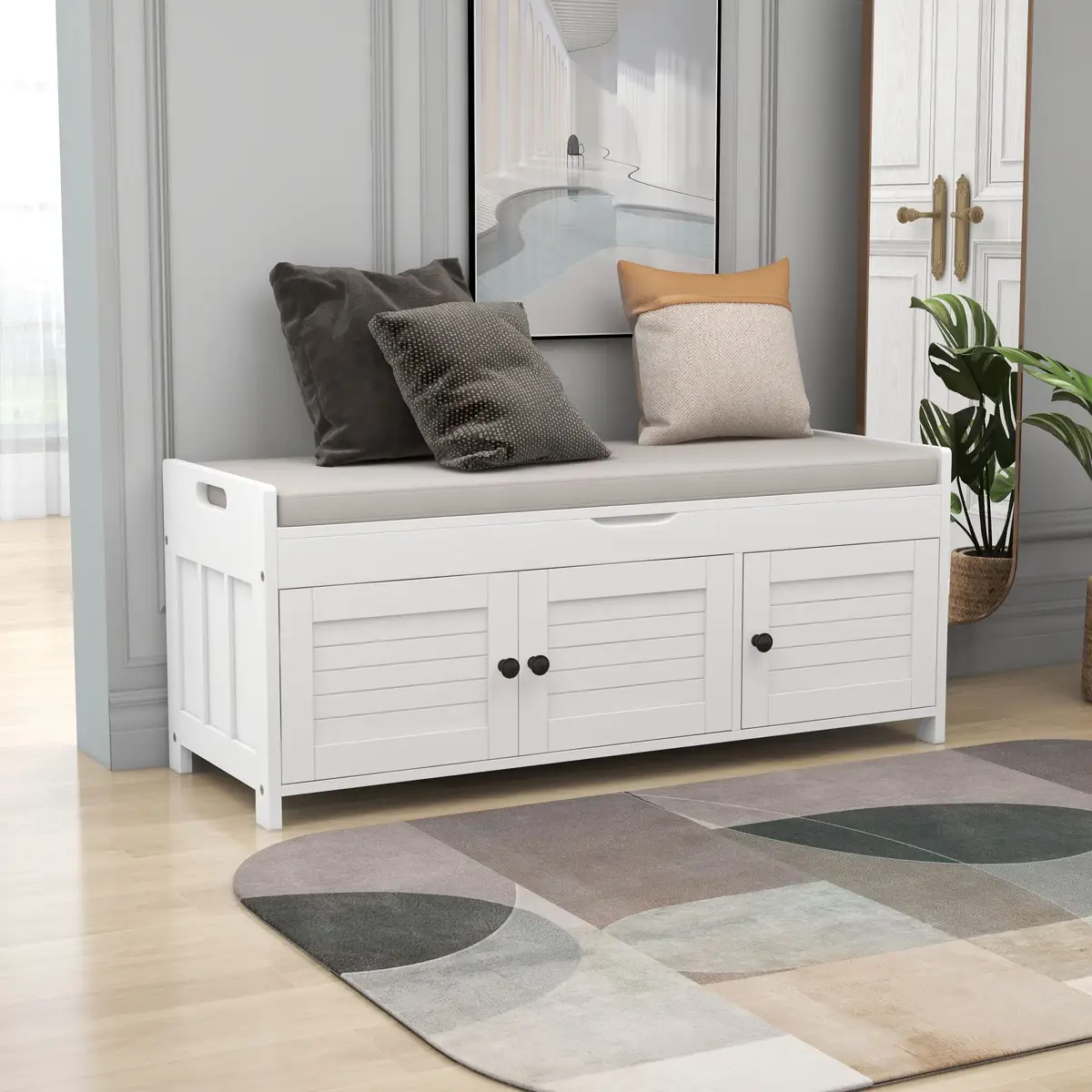 Storage Bench with 3 Shutter-shaped Doors, Shoe Bench with Removable Cushion