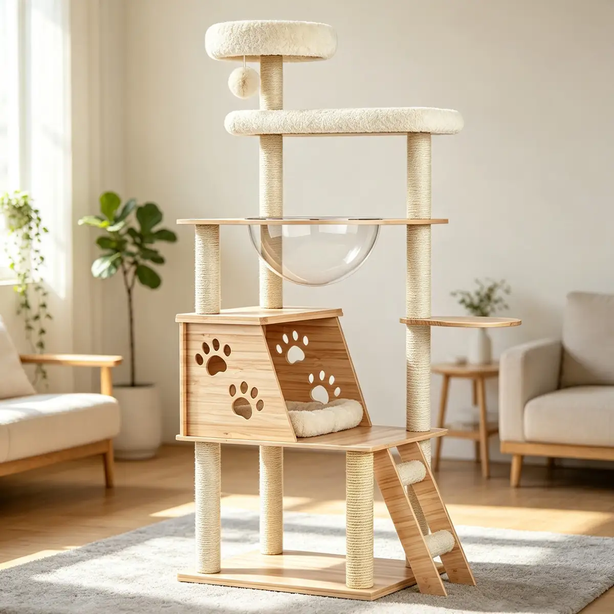 53.5" Cat Tree Tower, Multi-Level Cat Condo with Clear Capsule Perch, Sisal