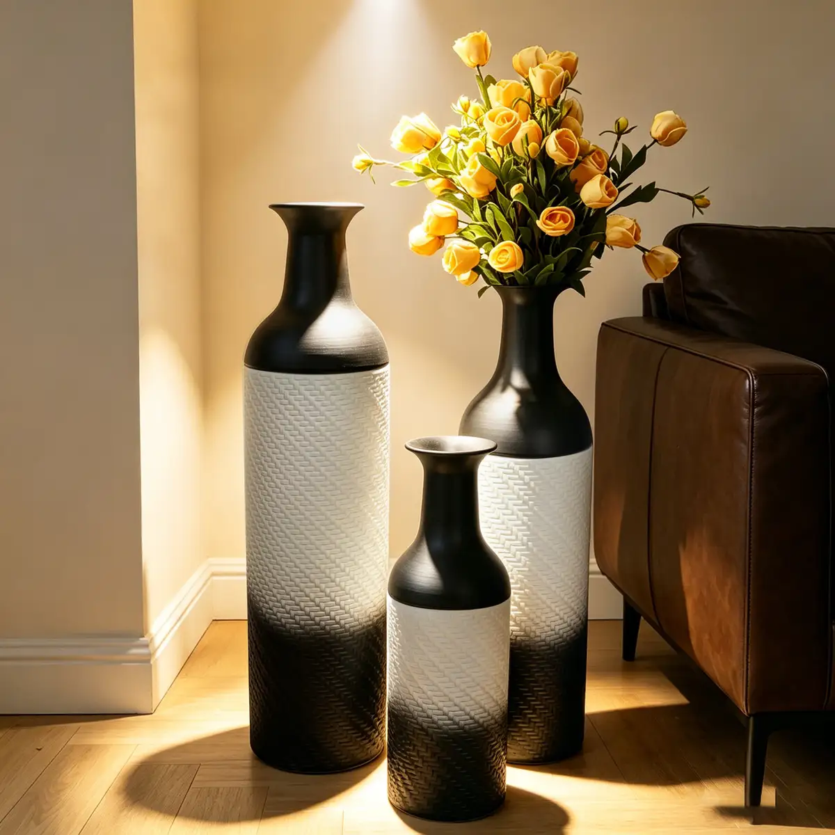 Decorative Metal Vases Set of 3, black Leaf Pattern Floor Vases, black & white