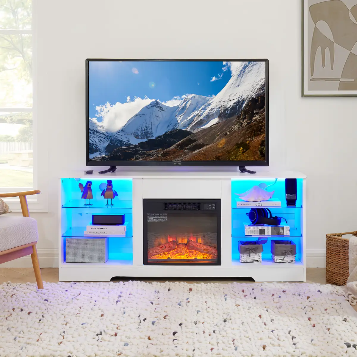 TV Stand Electric Fireplace TV Stand with Glass Shelves, 3D Fireplace TV Stand