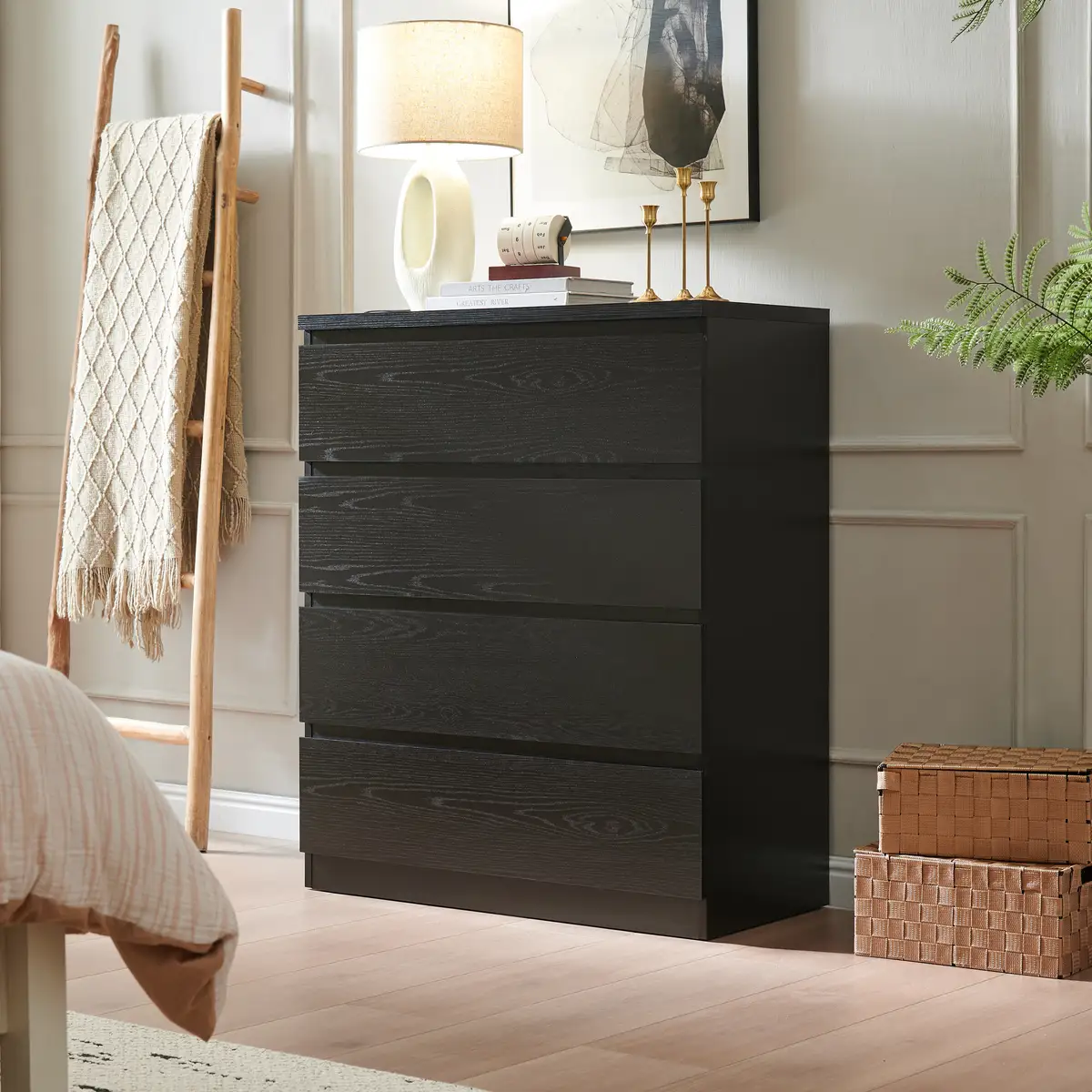 4 Drawer Dresser, Modern Storage Chest of Drawers, 31.5In Black Dresser
