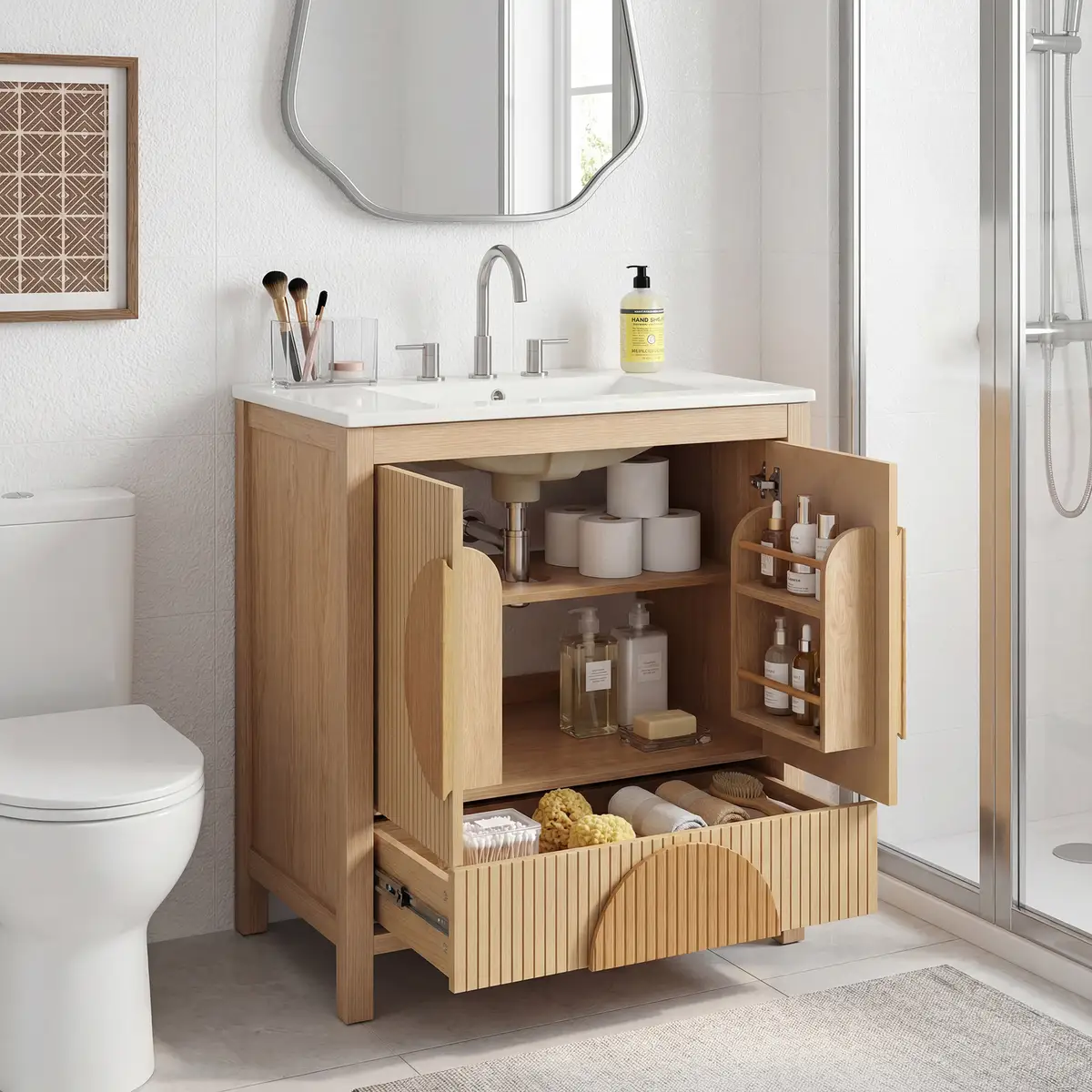 30 Inch Fluted Bathroom Vanity with Sink - Freestanding Modern Wood Cabinet