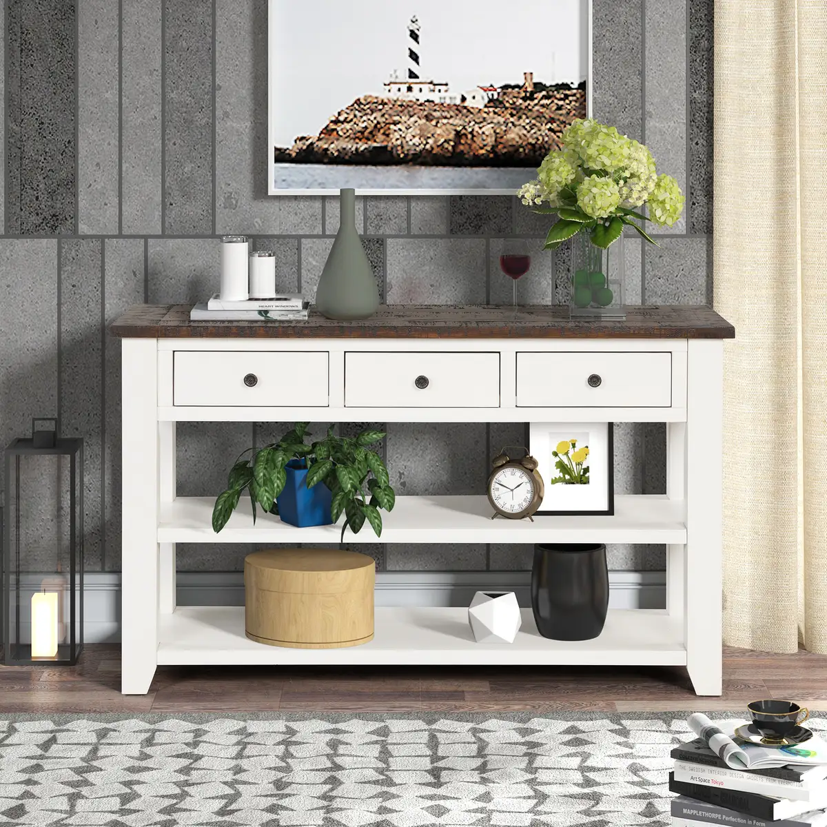 48'' Solid Pine Wood Top Console Table, Modern Entryway Sofa Side Table with 3