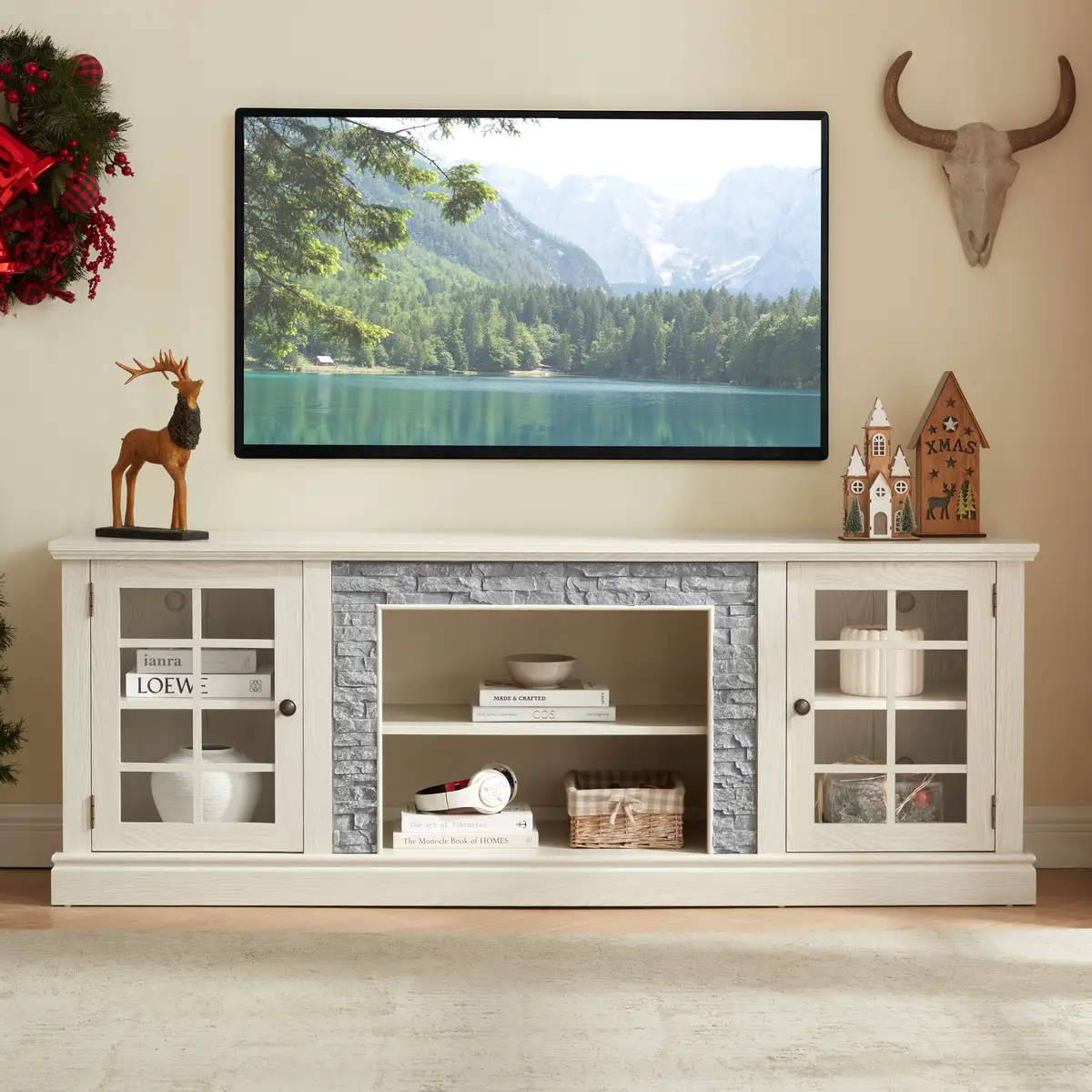 70" Modern TV Stand with 2-Door Storage, Faux Stone Media Console Cabinet
