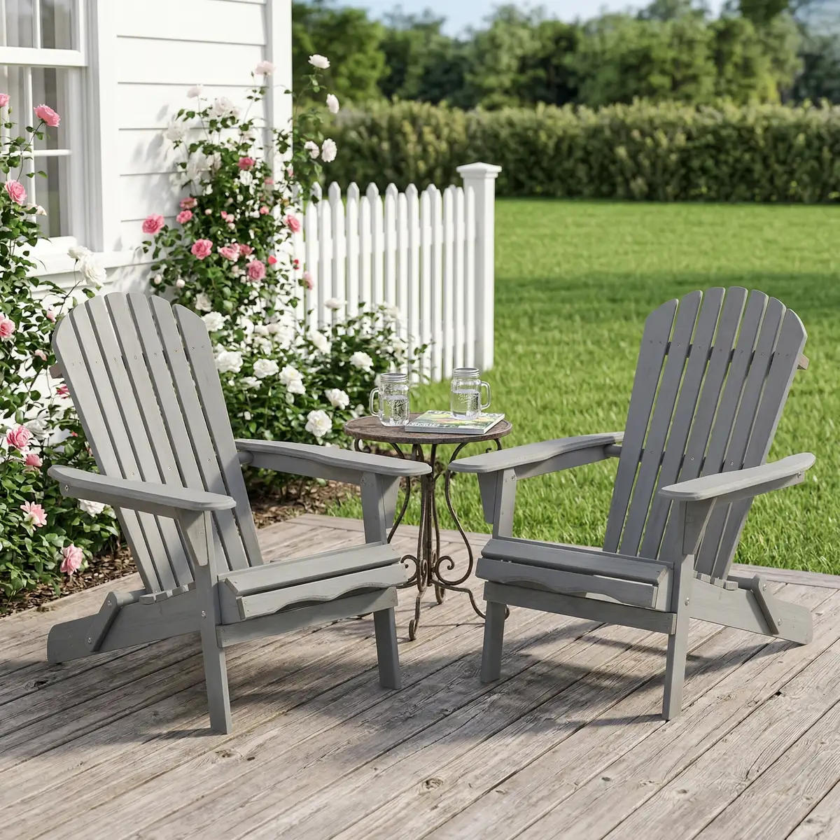 Outdoor Wooden Folding Adirondack Chair Set of 2 with Pre-Assembled BackRest