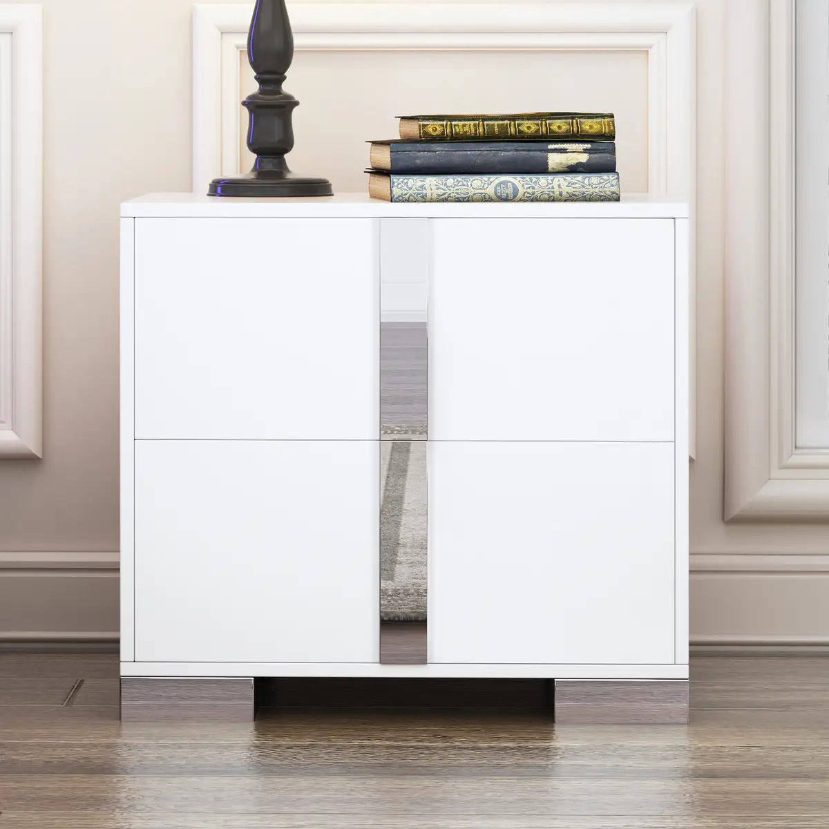 Elegant Nightstand with Metal Foot, Mirrored Bedside Table with 2 Drawers