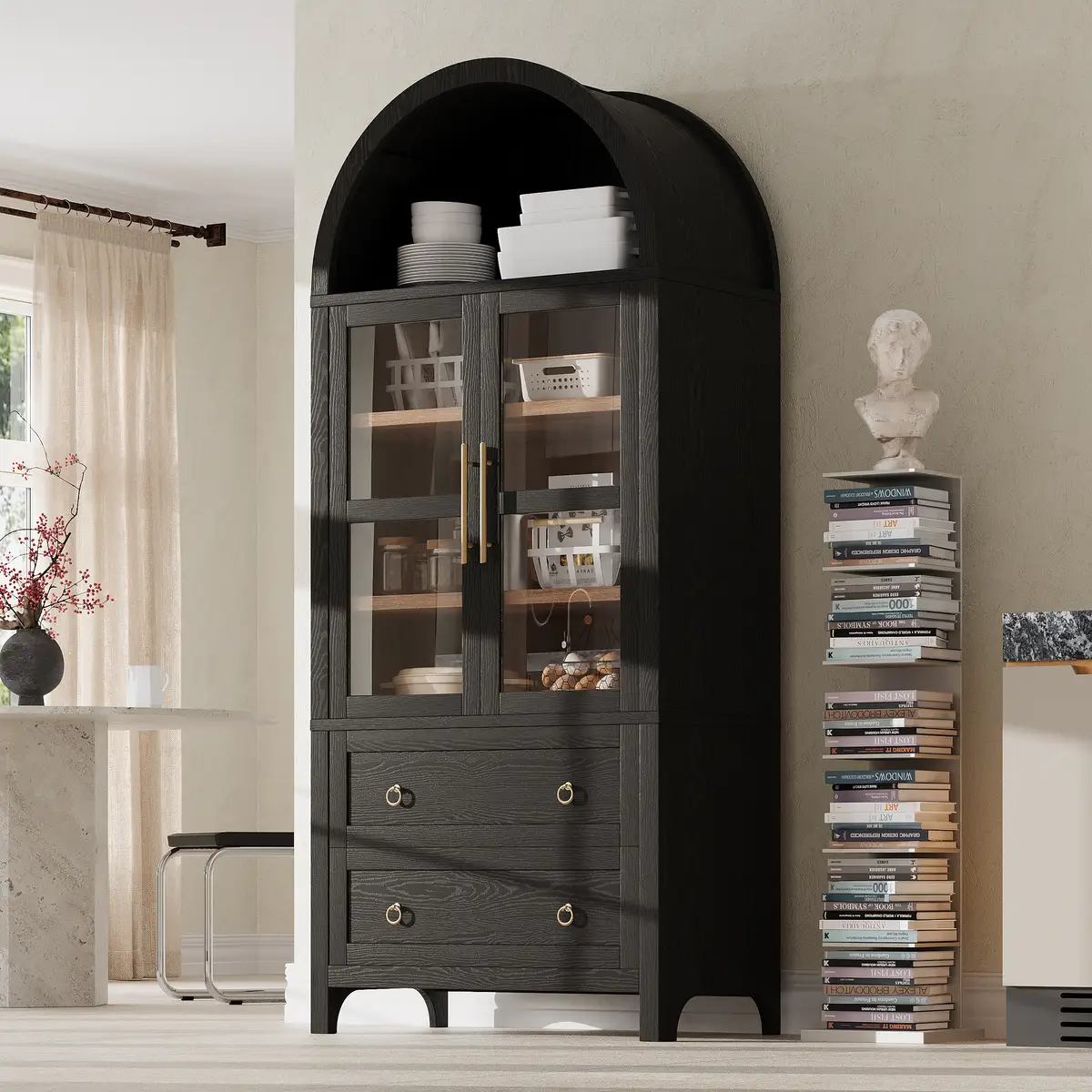 71" Tall Arched Kitchen Pantry Cabinet with 2 Large Drawers, Modern Farmhouse