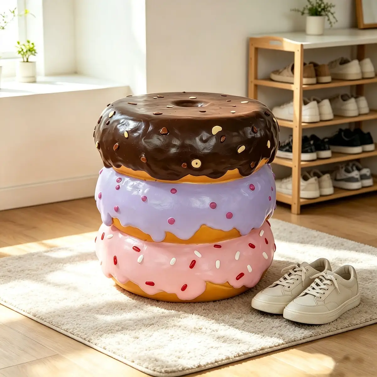 14'' Stacked Donut Stool, Colorful Dessert Character Side Table Decor, Indoor