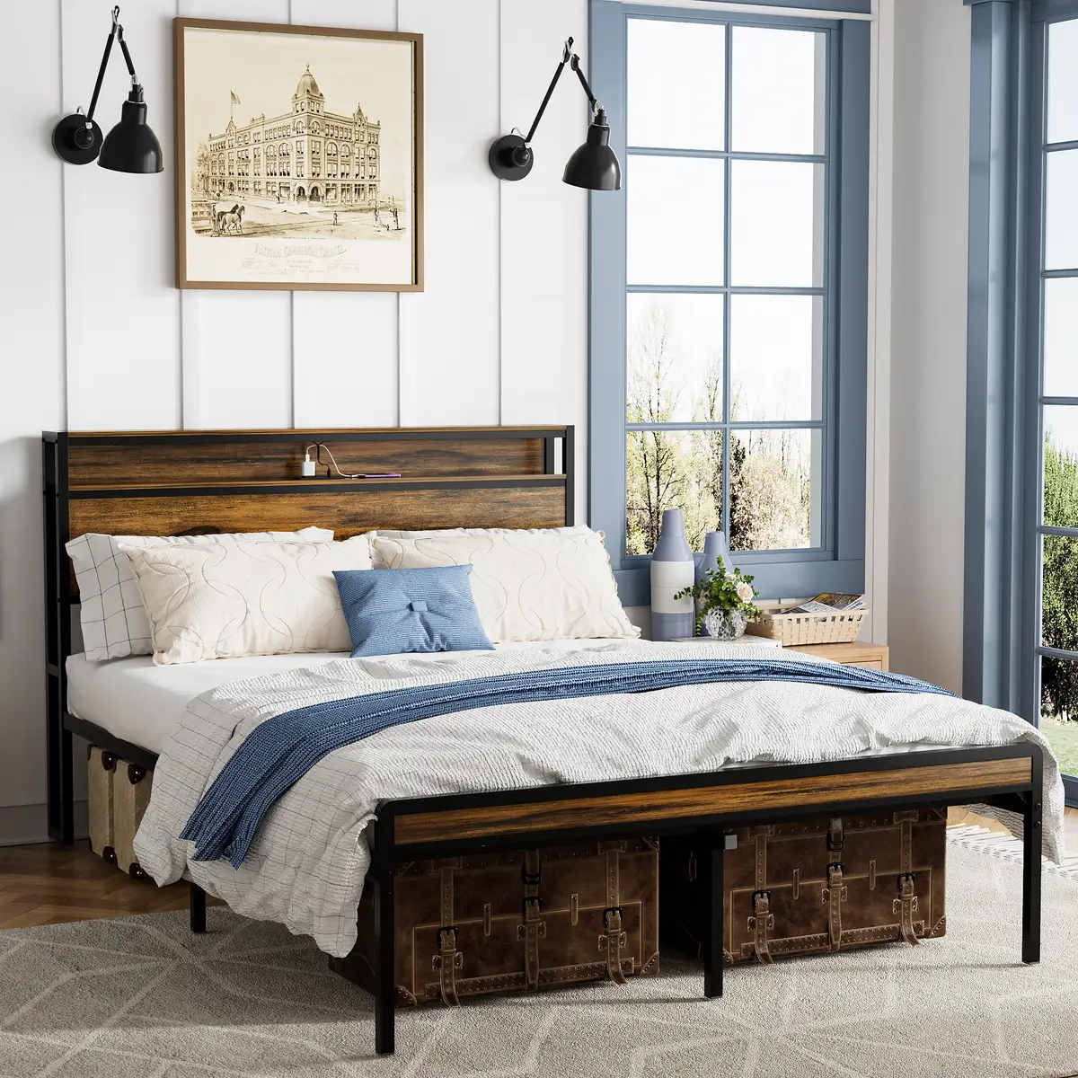 Queen Size Bed Frame, Storage Headboard with LED light, Charging Station, Solid