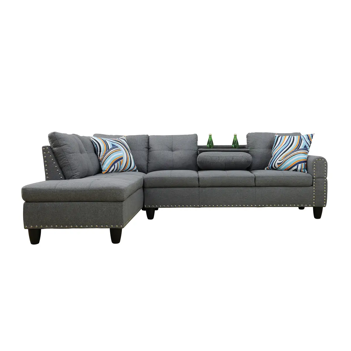 L shape Sectional Sofa Chair with cup holder - Dark Gray