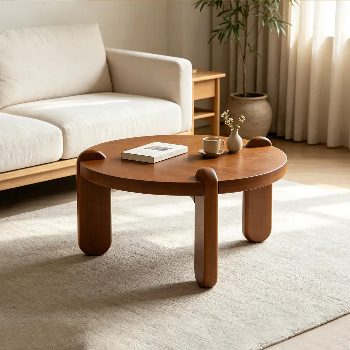 27.56" W x 15.16" H Round Low Wooden Coffee Table, 3-Leg Solid Wood Side Table