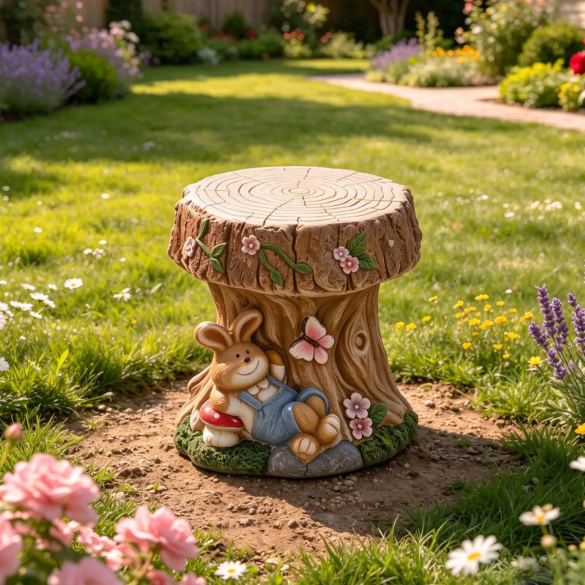 16.93" Sculptures Garden Statues, Rabbit Tree Stump Stool Garden Statue