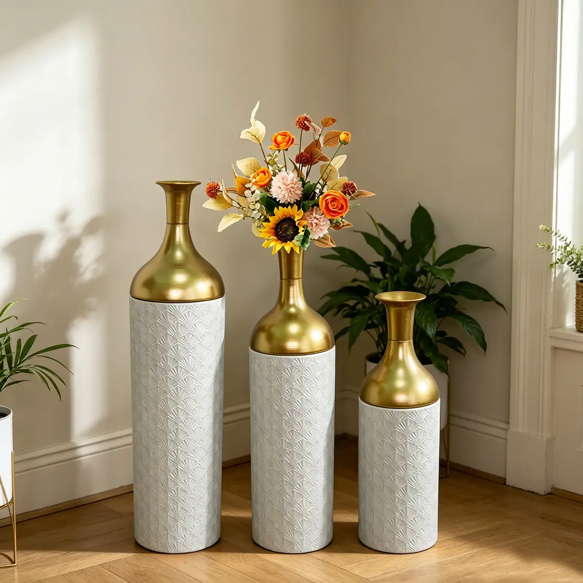 Decorative Metal Vases Set of 3, Gold Leaf Pattern Floor Vases, White & Gold